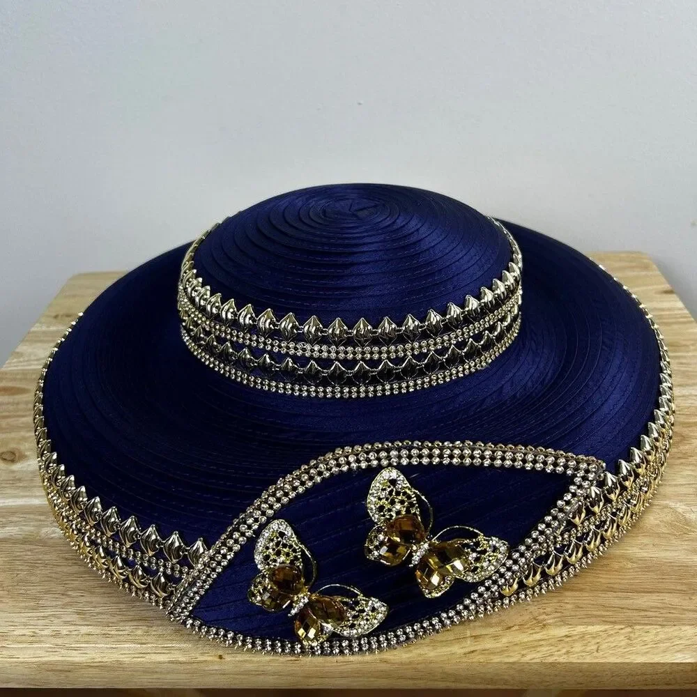 Lisa Rene Black Label Church Hat Navy Blue Wide Brim Rhinestone Butterfly Dressy